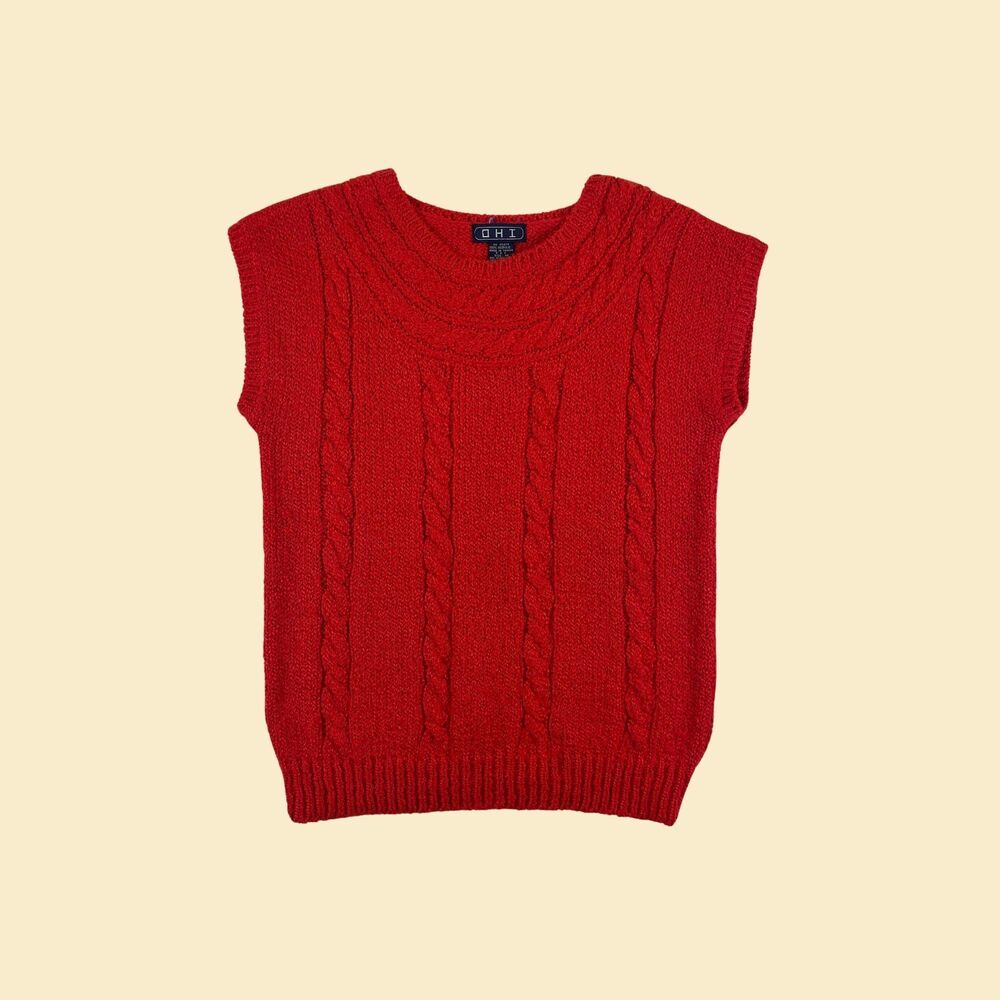 Vintage DHI 70s/80s red size M sweater, short sleeve knit acrylic red pullover